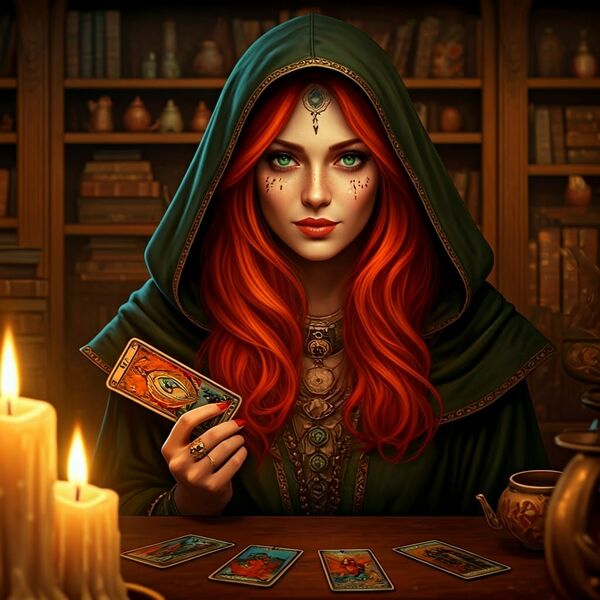 File:Faye reading Tarot with facial markings.jpg